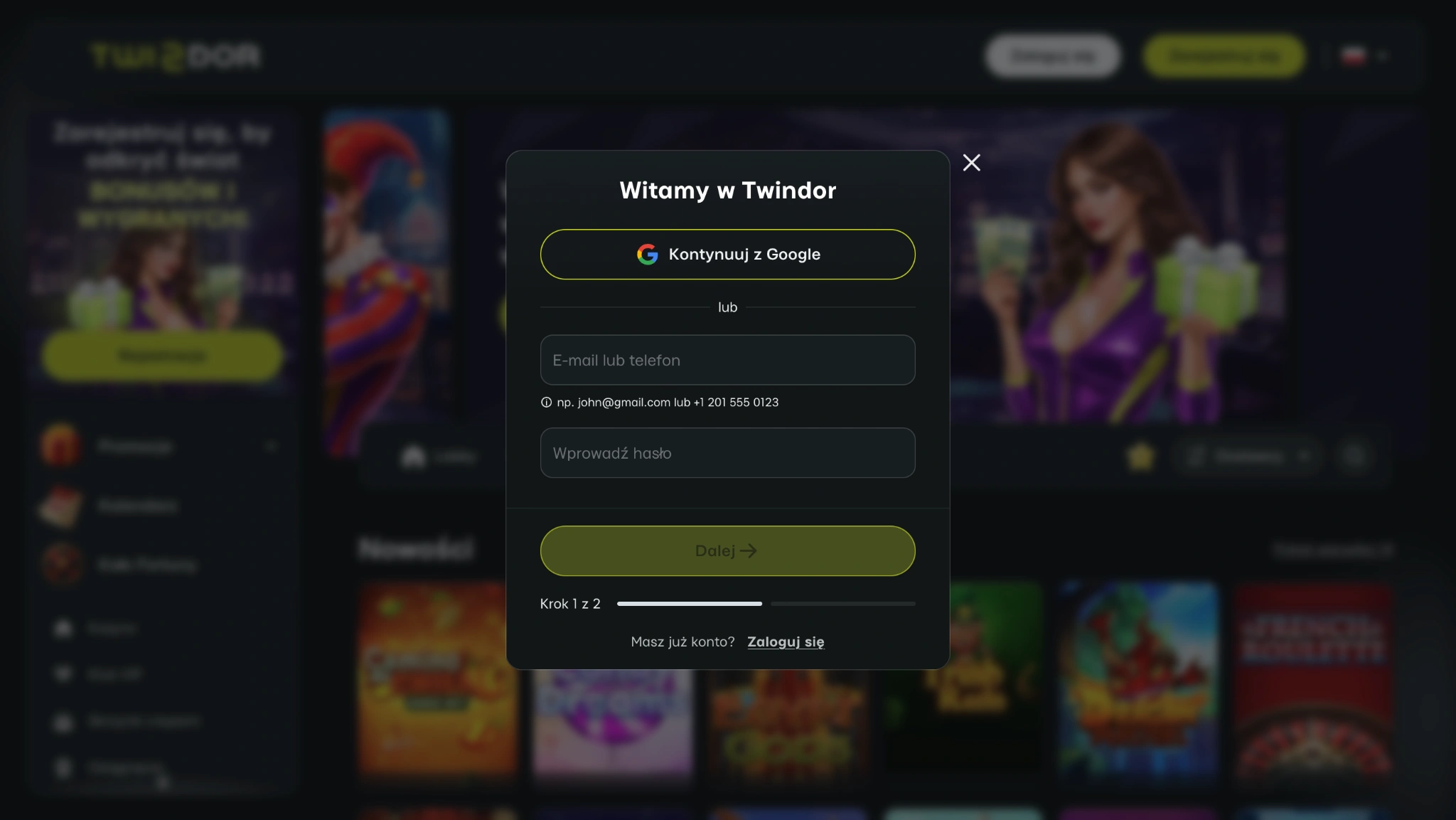 twindor casino rejestracja krok 1