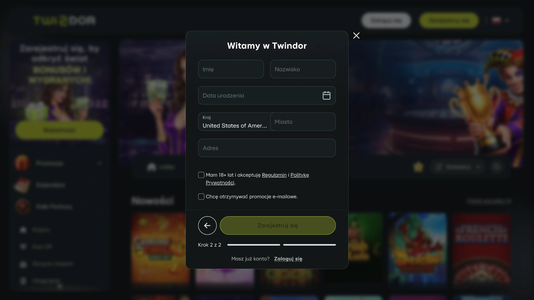 twindor casino rejestracja krok 2