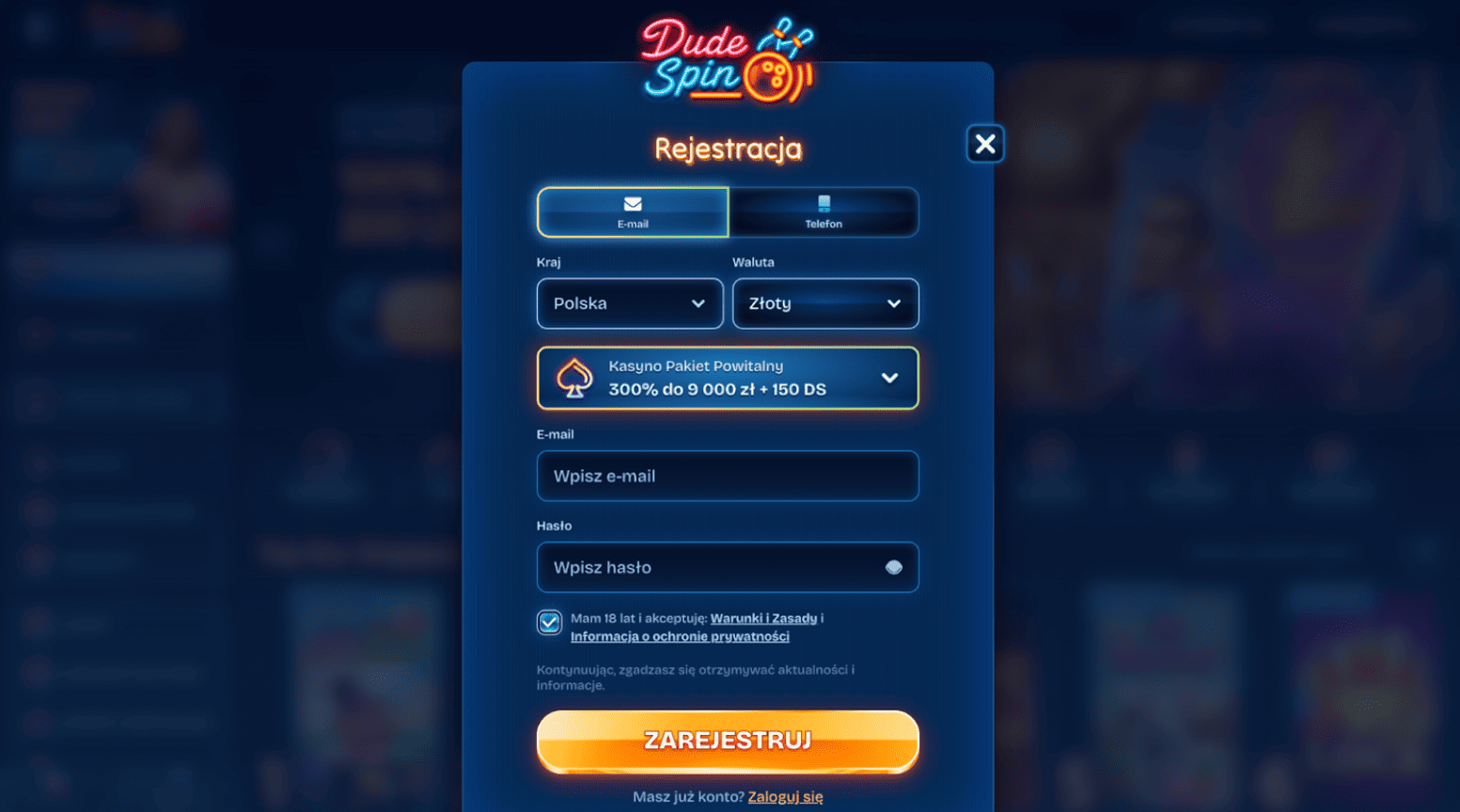 dudespin casino rejestracja krok 2