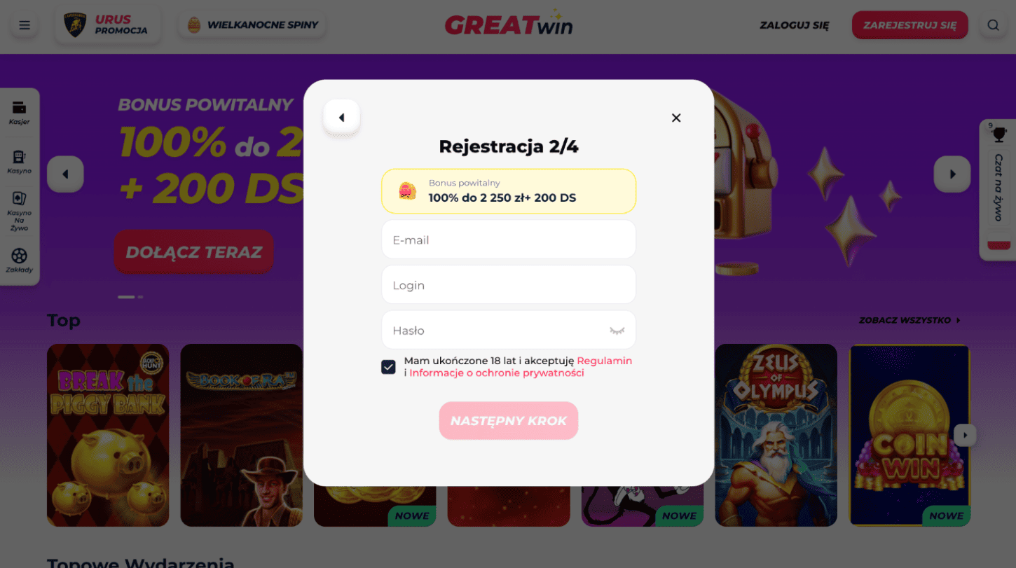 greatwin casino rejestracja krok 2