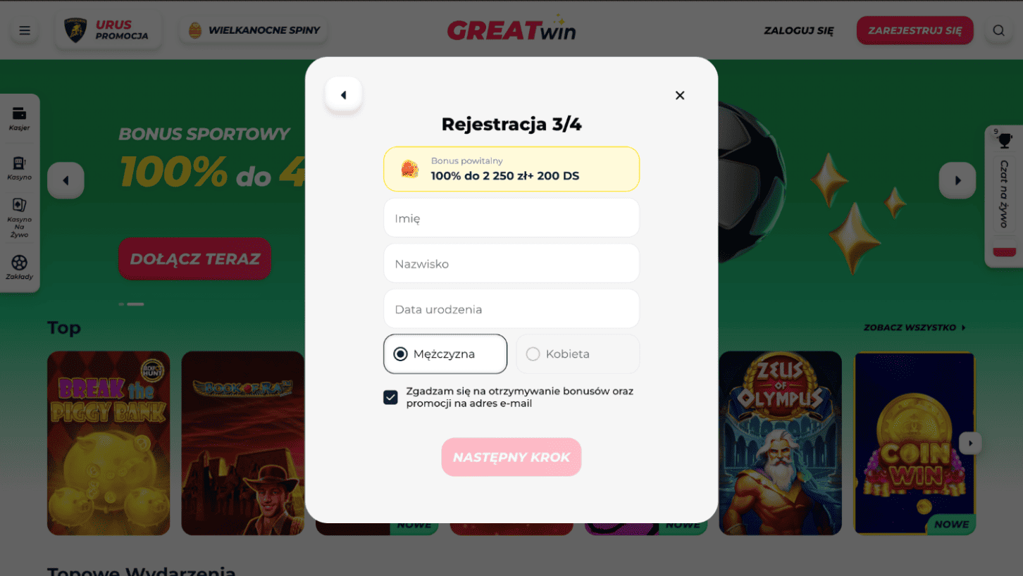 greatwin casino rejestracja krok 3
