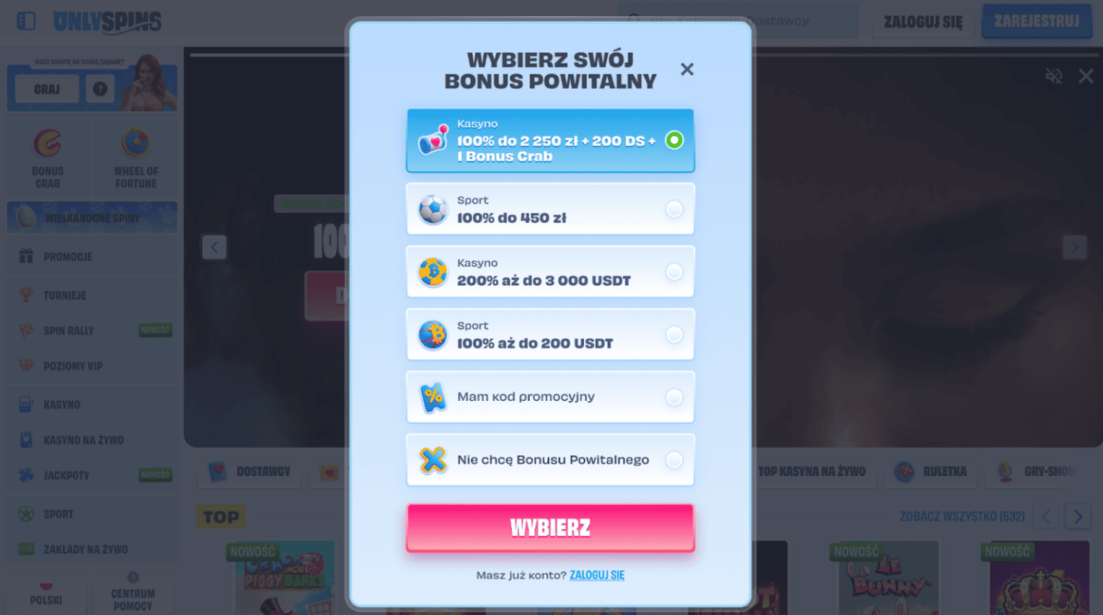 onlyspins casino rejestracja krok 2