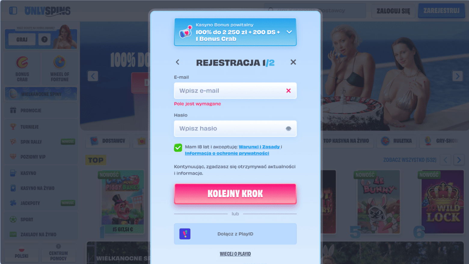 onlyspins casino rejestracja krok 3