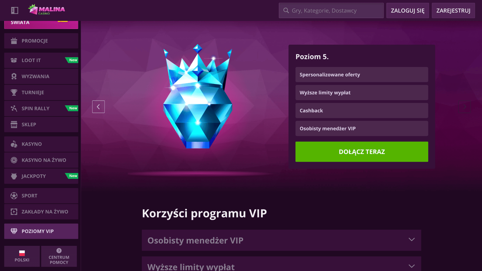 poziomy vip w malina casino