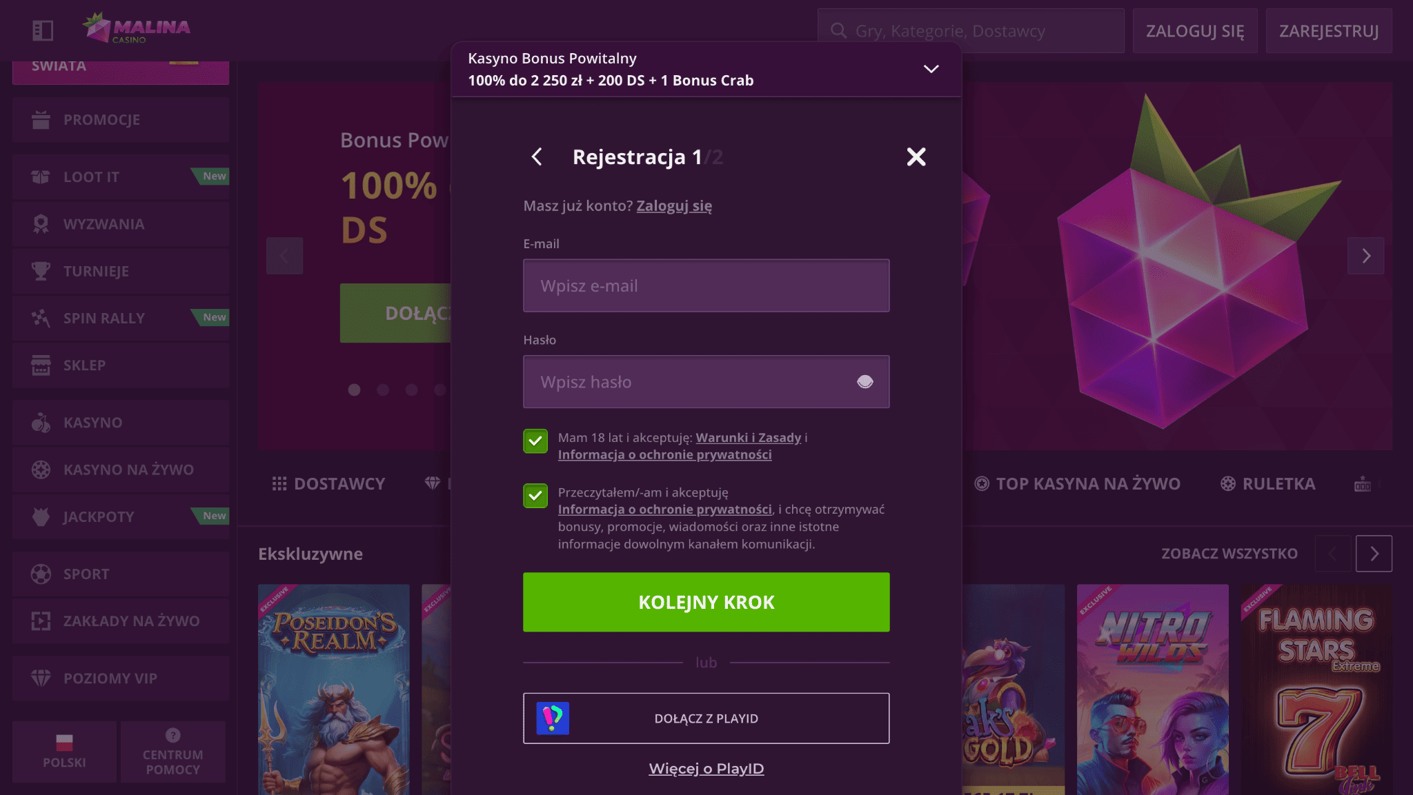 rejestracja w malina casino 3