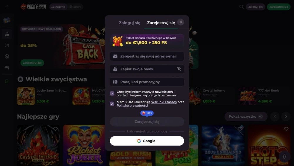 rockyspin casino rejestracja