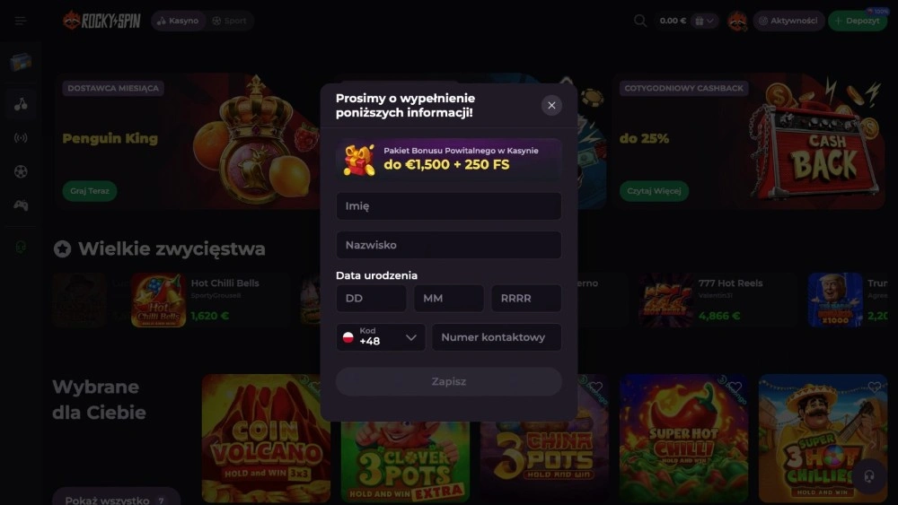 rockyspin casino uzupełnij dane osobowe