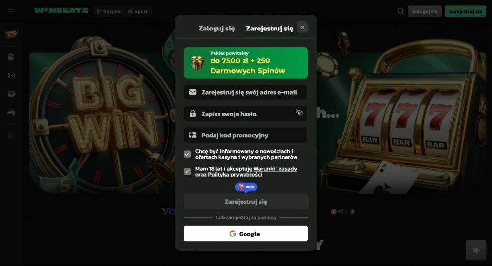 winbeatz casino rejestracja krok 1